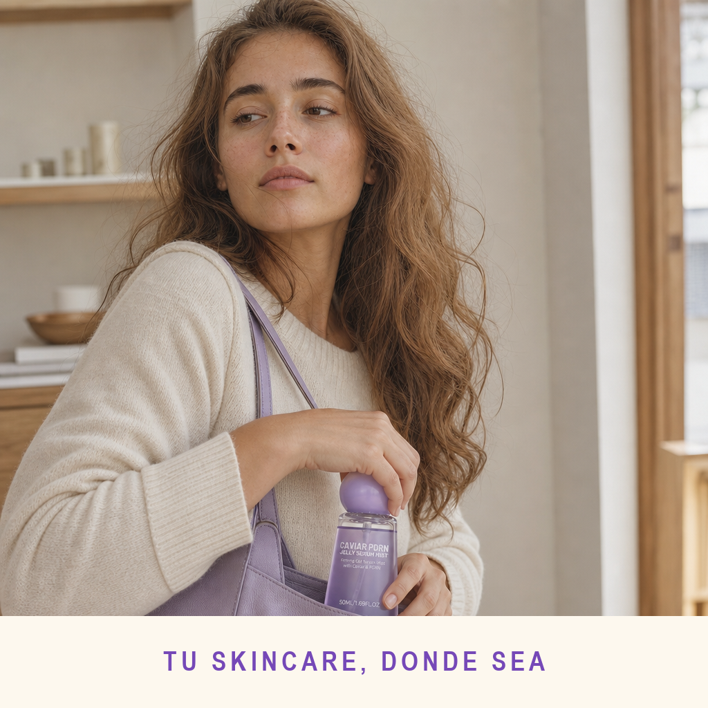 Mujer guardando el frasco en su bolso y siguiendo con su día