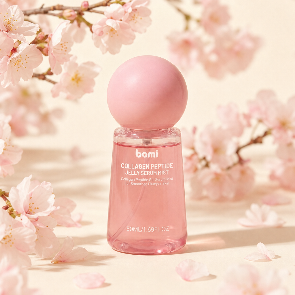 BOMI Colágeno Jelly Serum Mist entre flores de cerezo