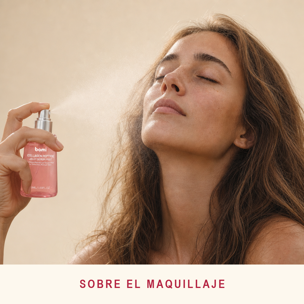 Mujer atomizando la bruma sobre su maquillaje