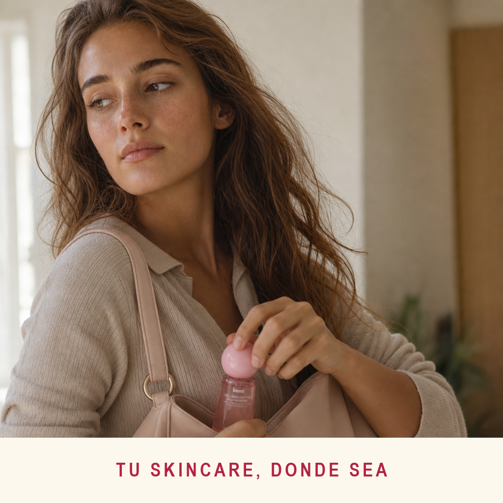 Mujer guardando el frasco en su bolso y siguiendo con su día