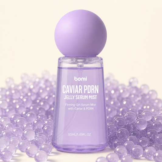 BOMI Caviar PDRN Jelly Serum Mist entre perlas de caviar lilas