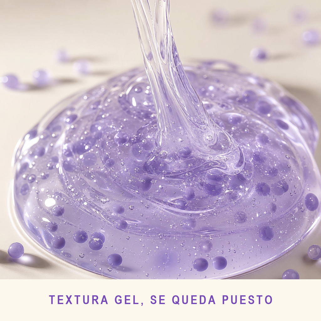 Macro del gel lila con perlas de caviar suspendidas