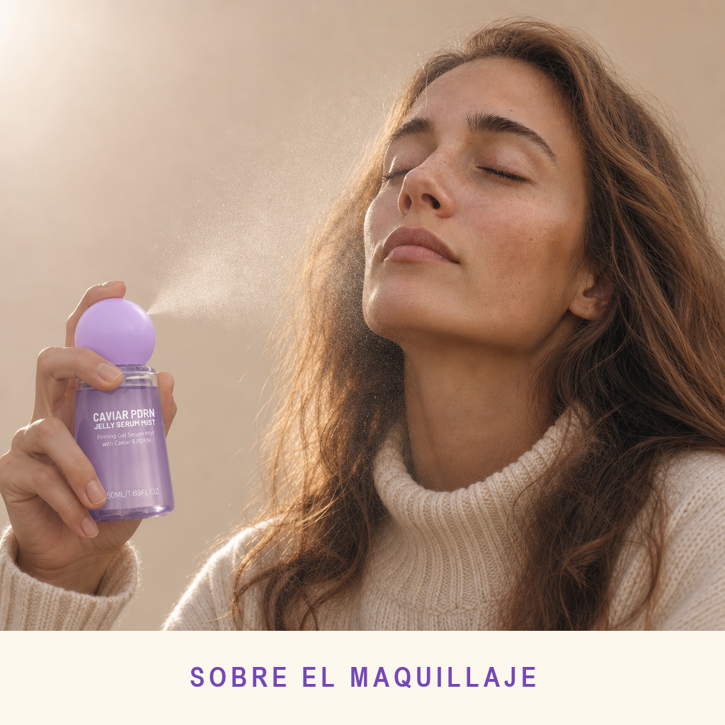 Mujer atomizando la bruma sobre su maquillaje